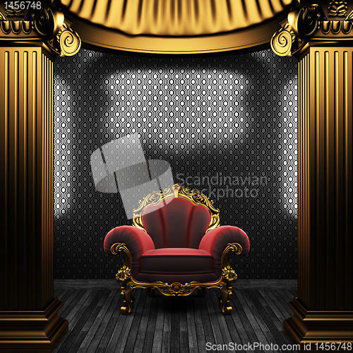 Image of bronze columns, chair and wallpaper