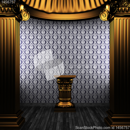 Image of bronze columns, pedestal and wallpaper