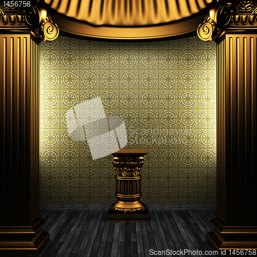 Image of bronze columns, pedestal and tile wall