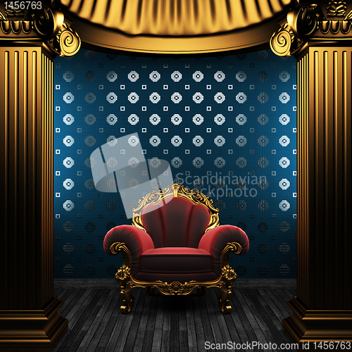 Image of bronze columns, chair and tile wall