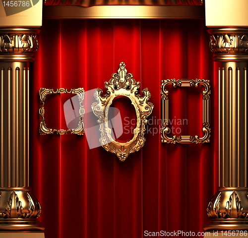 Image of red curtains, gold columns and frames