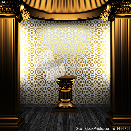 Image of bronze columns, pedestal and tile wall
