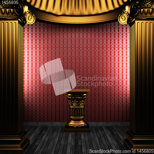 Image of bronze columns, pedestal and wallpaper