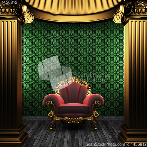 Image of bronze columns, chair and wallpaper