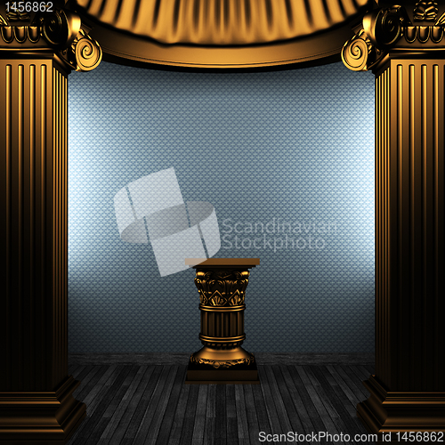 Image of bronze columns, pedestal and wallpaper