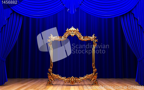 Image of blue curtains, gold frame