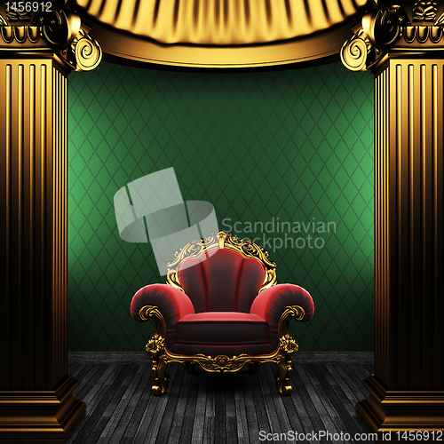 Image of bronze columns, chair and wallpaper