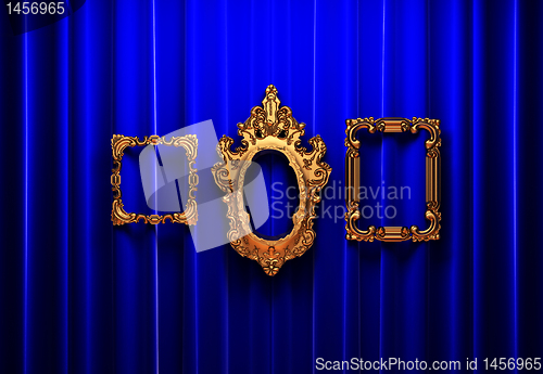 Image of blue curtains, gold frame