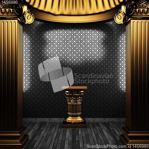 Image of bronze columns, pedestal and wallpaper