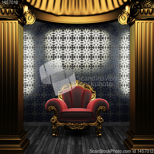 Image of bronze columns, chair and tile wall