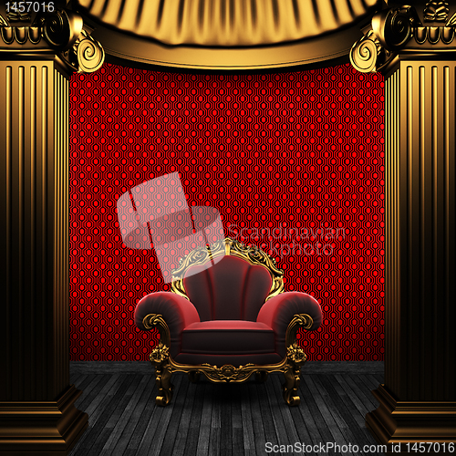Image of bronze columns, chair and wallpaper
