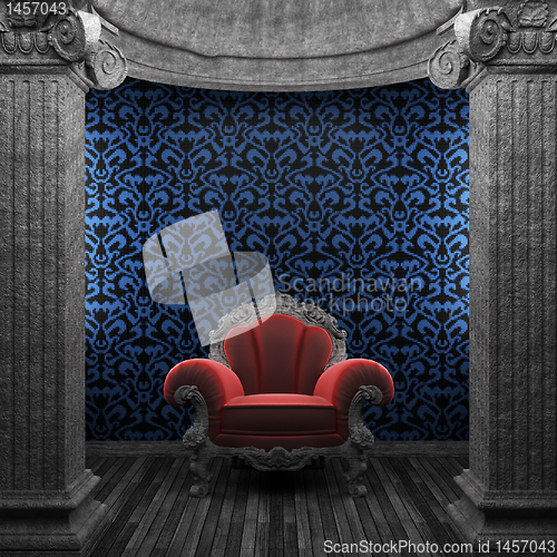 Image of stone columns, chair and tile wall
