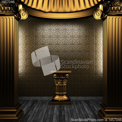 Image of bronze columns, pedestal and tile wall