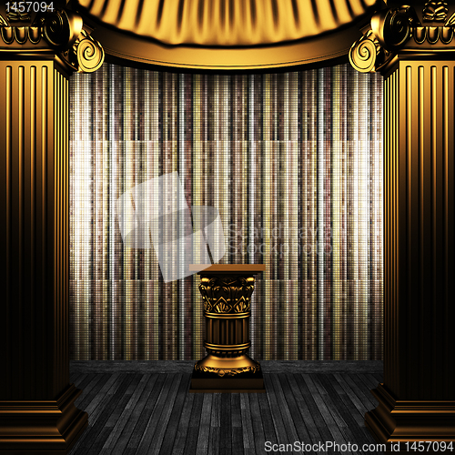 Image of bronze columns, pedestal and tile wall