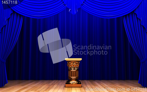 Image of blue velvet curtain and Pedestal