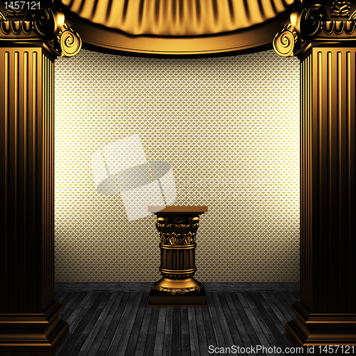 Image of bronze columns, pedestal and wallpaper