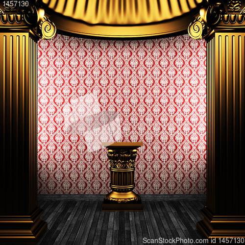 Image of bronze columns, pedestal and wallpaper