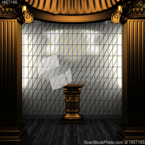 Image of bronze columns, pedestal and tile wall