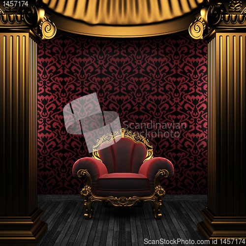 Image of bronze columns, chair and tile wall