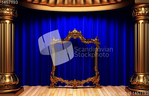 Image of blue curtains, gold columns and frames