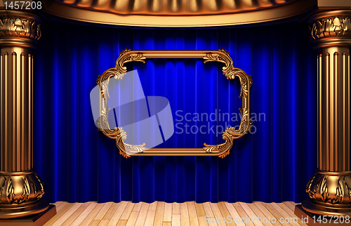 Image of blue curtains, gold columns and frames