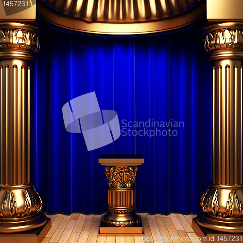 Image of blue velvet curtains, gold columns and Pedestal