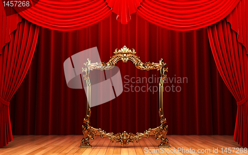 Image of red curtains, gold frame