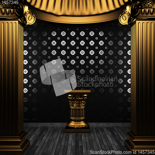 Image of bronze columns, pedestal and tile wall