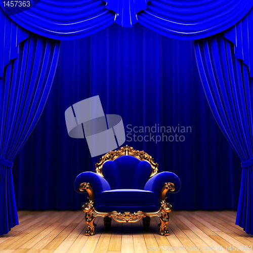 Image of blue velvet curtain and chair