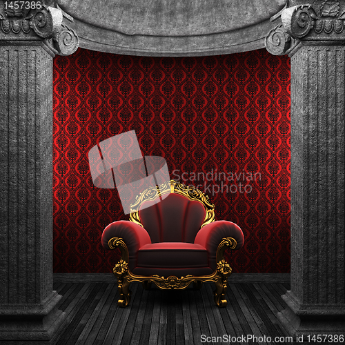 Image of stone columns, chair and wallpaper