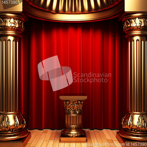 Image of red velvet curtains, gold columns and Pedestal