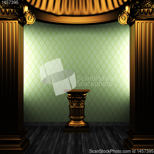 Image of bronze columns, pedestal and wallpaper