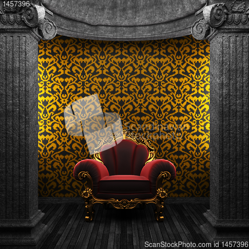 Image of stone columns, chair and tile wall