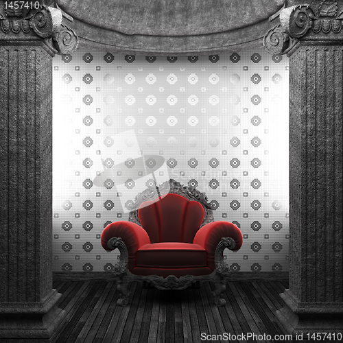 Image of stone columns, chair and tile wall