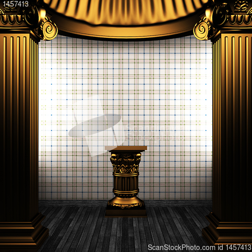 Image of bronze columns, pedestal and wallpaper