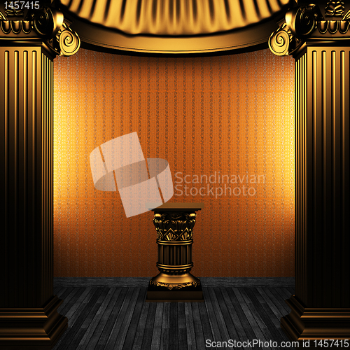 Image of bronze columns, pedestal and wallpaper