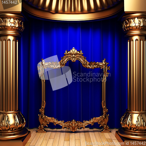 Image of blue curtains, gold columns and frames