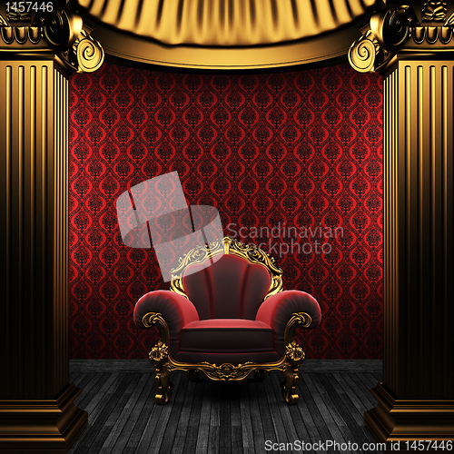 Image of bronze columns, chair and wallpaper