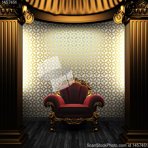 Image of bronze columns, chair and tile wall