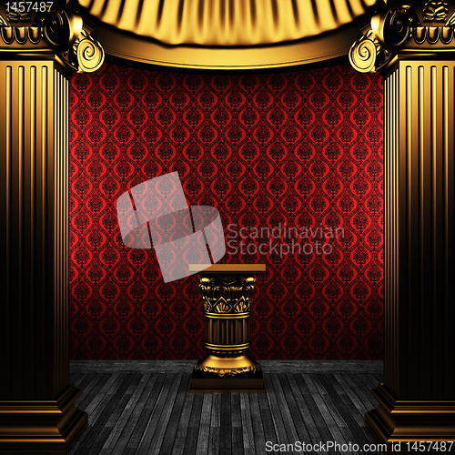 Image of bronze columns, pedestal and wallpaper