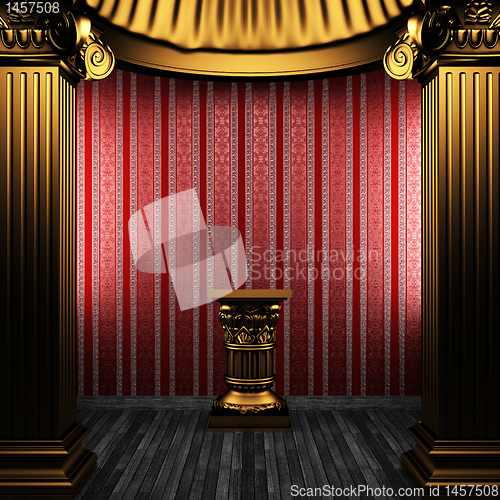 Image of bronze columns, pedestal and wallpaper