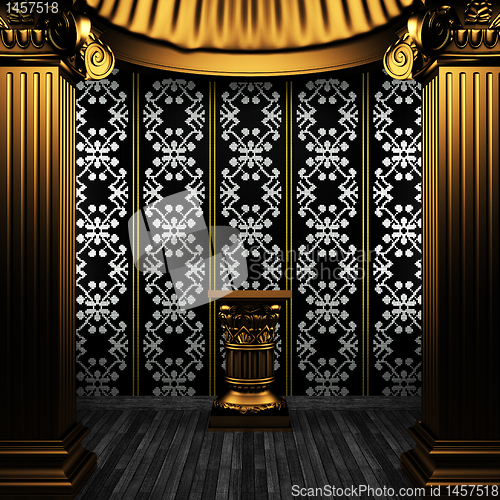Image of bronze columns, pedestal and tile wall