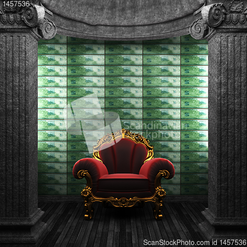 Image of stone columns, chair and tile wall