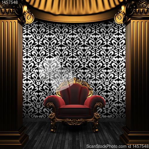 Image of bronze columns, chair and tile wall