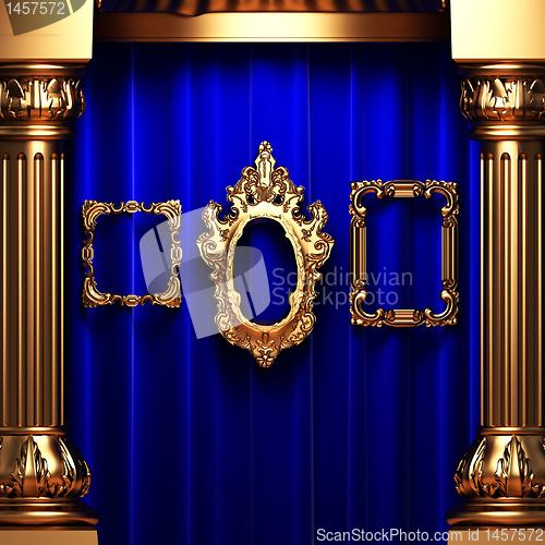 Image of blue curtains, gold columns and frames