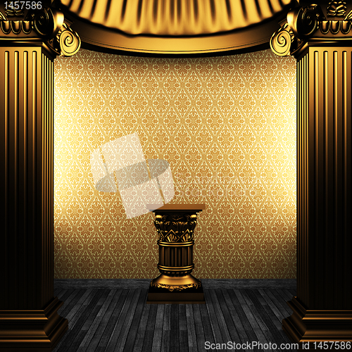 Image of bronze columns, pedestal and wallpaper