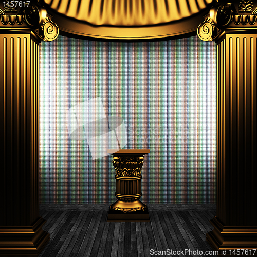 Image of bronze columns, pedestal and tile wall