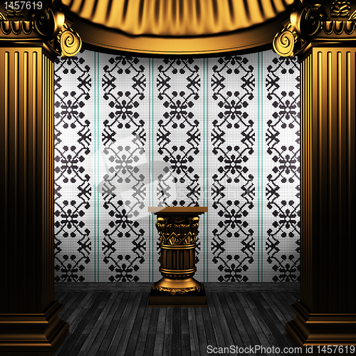Image of bronze columns, pedestal and tile wall
