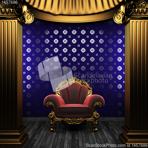 Image of bronze columns, chair and tile wall