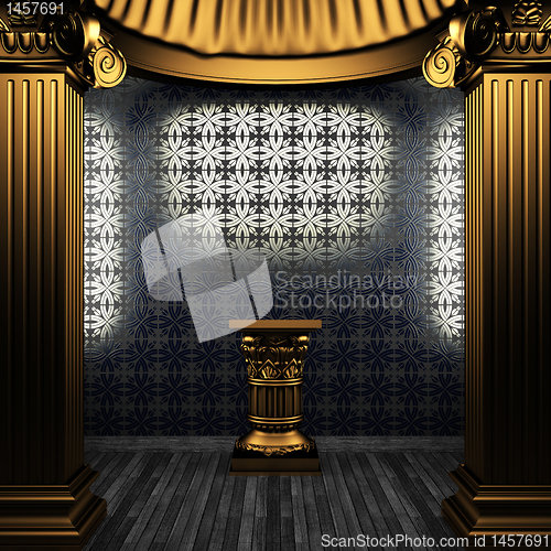 Image of bronze columns, pedestal and tile wall